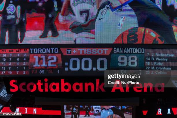 February 8, 2023: View at the scoreboard with rhe final score of the match of the Toronto Raptors v San Antonio Spurs NBA regular season game at...