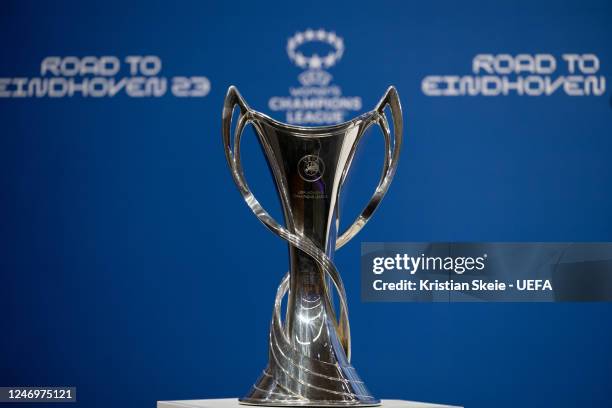 View of the UEFA Women's Champions League trophy ahead of the UEFA Women's Champions League 2022/23 Quarter-finals and Semi-finals Draw at the UEFA...