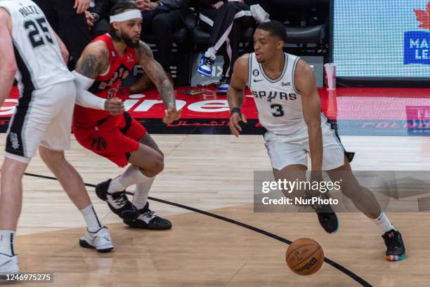 February 8, 2023: Keldon Johnson of San Antonio Spurs runs with the dutirng the Toronto Raptors v San Antonio Spurs NBA regular season game at...