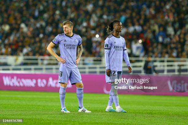 Toni Kroos of Real Madrid and Eduardo Camavinga of Real Madrid look on during the FIFA Club World Cup Morocco 2022 Semi Final match between Al Ahly...