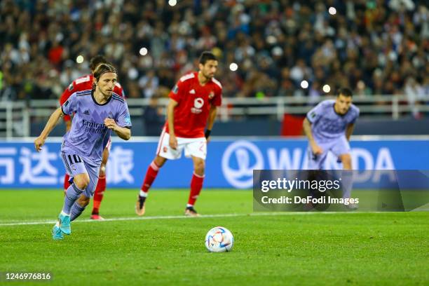 Luka Modric of Real Madrid doing a penalty kick during the FIFA Club World Cup Morocco 2022 Semi Final match between Al Ahly and Real Madrid CF at...