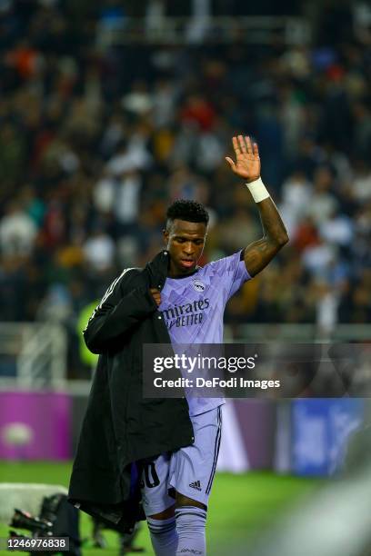 Vinicius Junior of Real Madrid gestures after the FIFA Club World Cup Morocco 2022 Semi Final match between Al Ahly and Real Madrid CF at Prince...