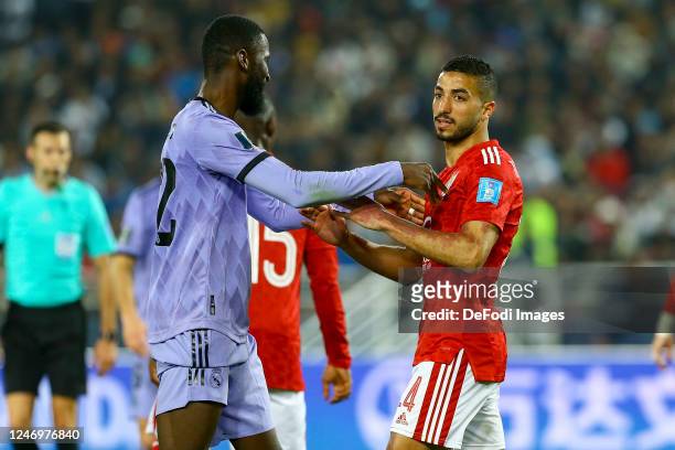 Antonio Ruediger of Real Madrid and Mohamed Abdelmonem of Al Ahly gesture and push each other during the FIFA Club World Cup Morocco 2022 Semi Final...