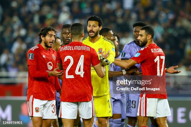 Mohamed Hany of Al Ahly, Mohamed Abdelmonem of Al Ahly, goalkeeper Mohamed El Shenawy of Al Ahly, Dani Ceballos of Real Madrid and Amr Al Sulaya of...