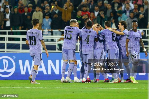 Sergio Arribas of Real Madrid celebrates after scoring his team's fourth goal with teammates during the FIFA Club World Cup Morocco 2022 Semi Final...