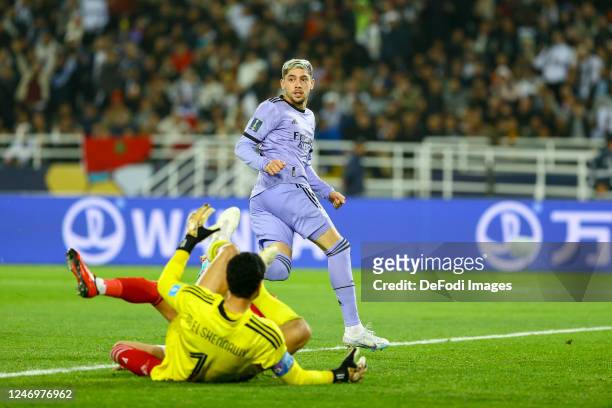 Federico Valverde of Real Madrid celebrates after scoring his team's second goal during the FIFA Club World Cup Morocco 2022 Semi Final match between...