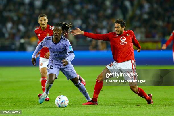 Eduardo Camavinga of Real Madrid and Mohamed Hany of Al Ahly battle for the ball during the FIFA Club World Cup Morocco 2022 Semi Final match between...