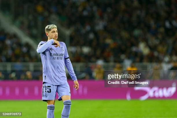 Federico Valverde of Real Madrid looks on during the FIFA Club World Cup Morocco 2022 Semi Final match between Al Ahly and Real Madrid CF at Prince...