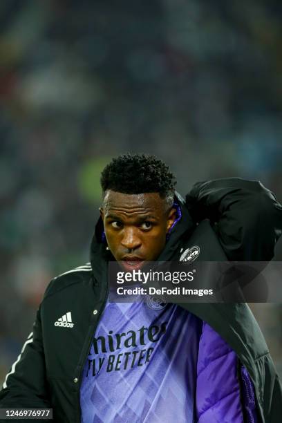 Vinicius Junior of Real Madrid looks on after the FIFA Club World Cup Morocco 2022 Semi Final match between Al Ahly and Real Madrid CF at Prince...