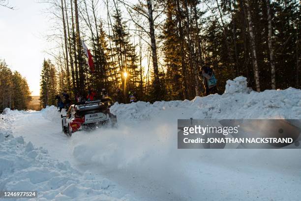 Takamoto Katsuta of Japan and his co-driver Aaron Johnston of Ireland steer their Toyota GR Yaris Rally 1 HYBRID during the 2nd stage of the Rally...