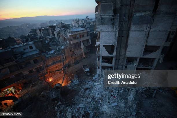 View of the destruction as search and rescue efforts continue following 7.7 and 7.6 magnitude earthquakes centered in Turkiye's Kahramanmaras, in...