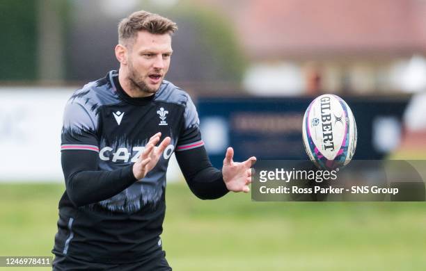 Dan Biggar during a Wales training session at Stewart Melville's Rugby Club, on February 10 in Edinburgh, Scotland.