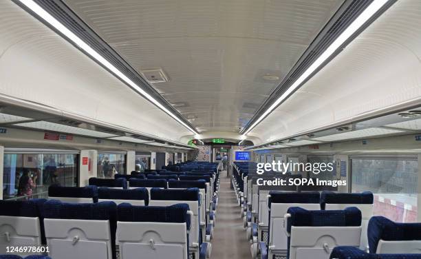 Interior view of a Vande Bharat Express train coach stationed at Chhatrapati Shivaji Maharaj Terminus . Indian Prime Minister Narendra Modi will flag...