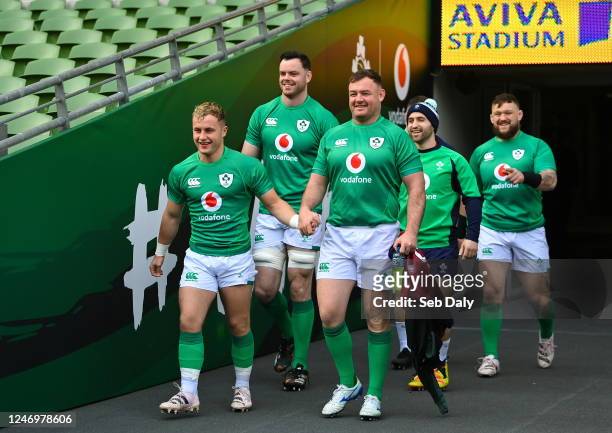 Dublin , Ireland - 10 February 2023; Ireland players, from left, Craig Casey, James Ryan, Dave Kilcoyne, Caolin Blade and Andrew Porter before the...