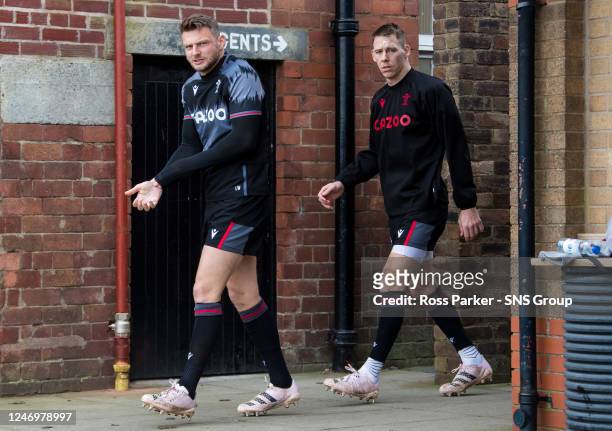 Dan Biggar and Liam Williams during a Wales training session at Stewart Melville's Rugby Club, on February 10 in Edinburgh, Scotland.