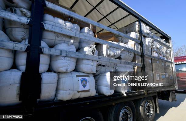 Trucks, containing humanitarian aid, collected by Croatian government, Caritas and the Croatian Red Cross, line-up at the logistics center of the...