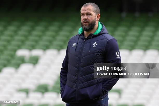 Ireland's head coach Andy Farrell attends a training session of the Ireland's rugby team, at the Aviva Stadium, in Dublin, on February 10, 2023 on...