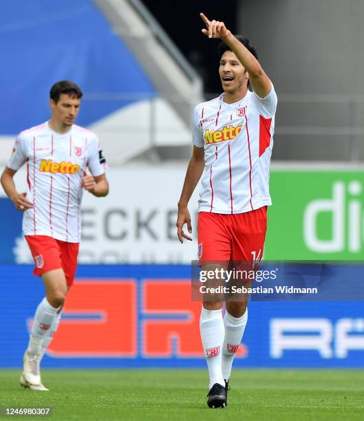 Marcel Correia of Regensburg celebrates his team's first goal during the Second Bundesliga match between SSV Jahn Regensburg and SV Darmstadt 98 at...