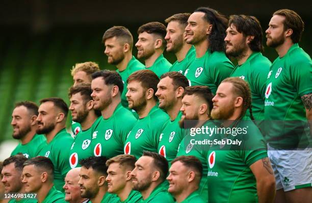 Dublin , Ireland - 10 February 2023; Ireland players, back row, from left, Craig Casey, Ross Byrne, Hugo Keenan, Stuart McCloskey, James Lowe, Tom...