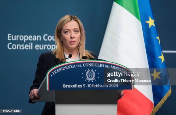 Italian Prime Minister Giorgia Meloni is talking to media at the end of an European Union leaders summit at the European Council headquarters on...