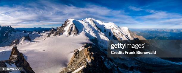 Panoramic view from Aiguille du Midi of the Géant Glacier and the Mont Blanc massif, summit of Aiguille du Midi bottom left.