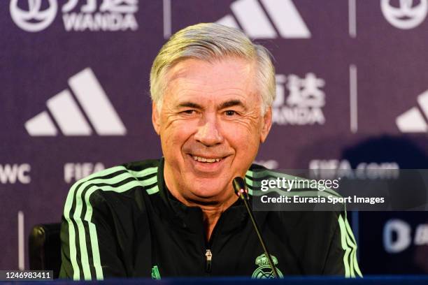 Real Madrid Head Coach Carlo Ancelotti talks during the press conference prior the match between Real Madrid and Al Hilal at Stade Moulay Abdellah on...