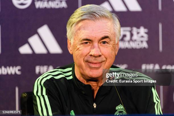 Real Madrid Head Coach Carlo Ancelotti talks during the press conference prior the match between Real Madrid and Al Hilal at Stade Moulay Abdellah on...