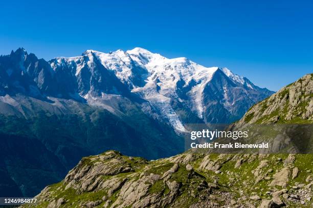 The summits of Aiguille du Midi, Mont Blanc du Tacul, Mont Maudit, Mont Blanc and Dome du Goutier, from left, seen from La Flégère.