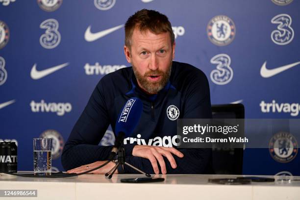 Graham Potter of Chelsea during a press conference at Chelsea Training Ground on February 10, 2023 in Cobham, England.