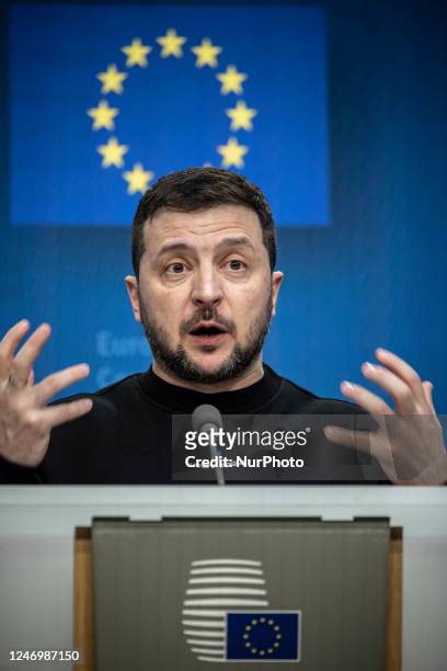 Volodymyr Oleksandrovych Zelenskyy, the President of Ukraine as seen at a joint press conference with Charles Michel, president of the EUCO and...