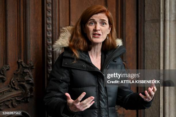 Samantha Power, Administrator of the United States Agency for International Development , addresses a press conference outside the Szabo Ervin...