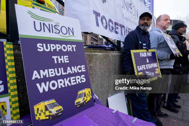 Ambulance workers from the Unison union form a picket line outside London Ambulance Service headquarters as they hold their strike action on 10th...