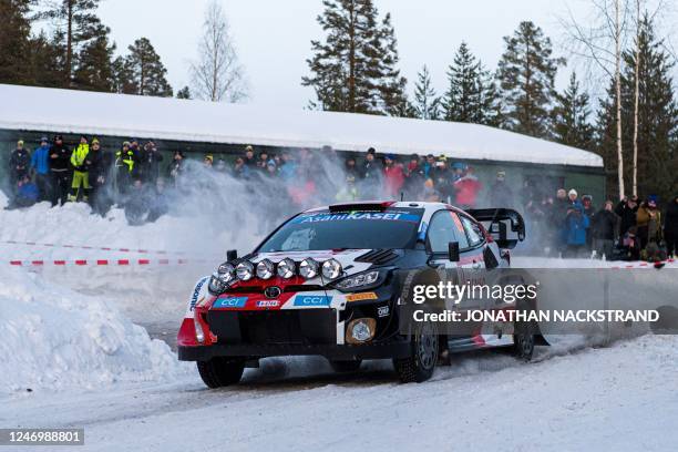 Kalle Rovanpera of Finland and his co-driver Jonne Halttunen of Finland steer their Toyota GR Yaris Rally 1 HYBRID during the 6th stage of the Rally...