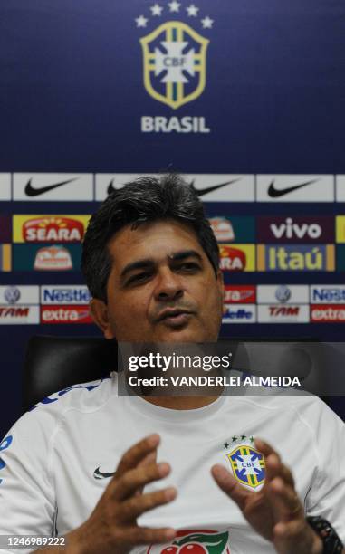 Brazil's head coach Ney Franco speaks during a news conference with the foreign press at a hotel in Barranquilla, Colombia, on August 8, 2011 during...