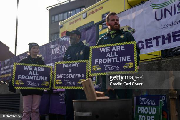 Striking ambulance staff stand on a picket line at Waterloo Ambulance Station on February 10, 2023 in London, England. Thousands of ambulance staff...