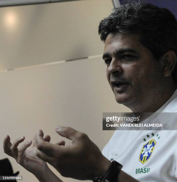 Brazil's head coach Ney Franco speaks during a news conference with the foreign press at a hotel in Barranquilla, Colombia, on August 8, 2011 during...