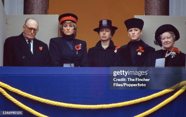 King Olaf V of Norway, Princess Diana, HRH Princes Anne, Sarah Duchess of York and Queen Elizabeth The Queen Mother at the Cenotaph on Whitehall in...