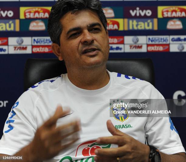Brazil's head coach Ney Franco speaks during a news conference with the foreign press at a hotel in Barranquilla, Colombia, on August 8, 2011 during...