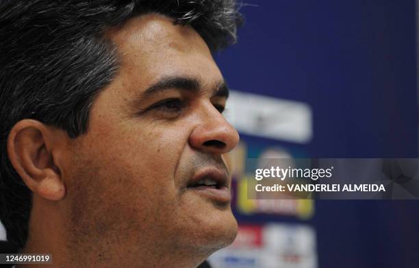 Brazil's head coach Ney Franco speaks during a news conference with the foreign press at a hotel in Barranquilla, Colombia, on August 8, 2011 during...