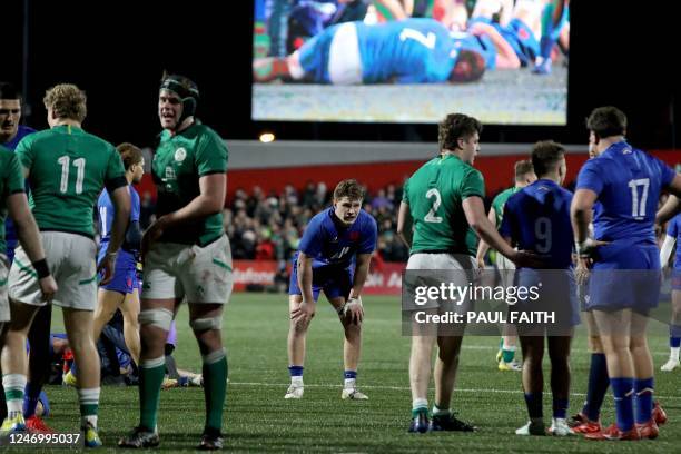 France's centre Marko Gazzotti reacts at the end of the Six Nations U20 rugby union match between Ireland and France at Musgrave Park in Cork,...