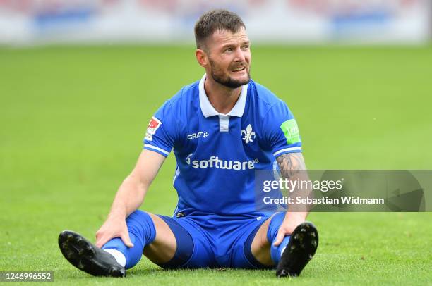 Marcel Heller of Darmstadt reacts during the Second Bundesliga match between SSV Jahn Regensburg and SV Darmstadt 98 at Continental Arena on June 06,...