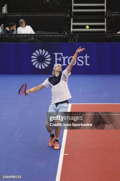 John Isner serves during the Dallas Open on February 10, 2023 at the Styslinger/Altec Tennis Complex in Dallas, TX.