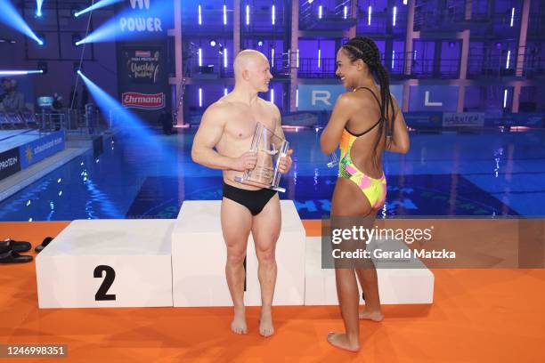 Fabian Hambüchen and Janique Johnson attend the "RTL Turmspringen" live show at Europasportpark on February 10, 2023 in Berlin, Germany.