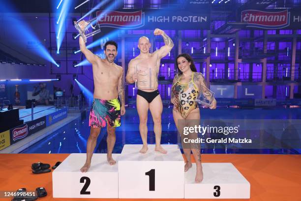 Marc Terenzi, Fabian Hambüchen and Jolina Mennen attend the "RTL Turmspringen" live show at Europasportpark on February 10, 2023 in Berlin, Germany.