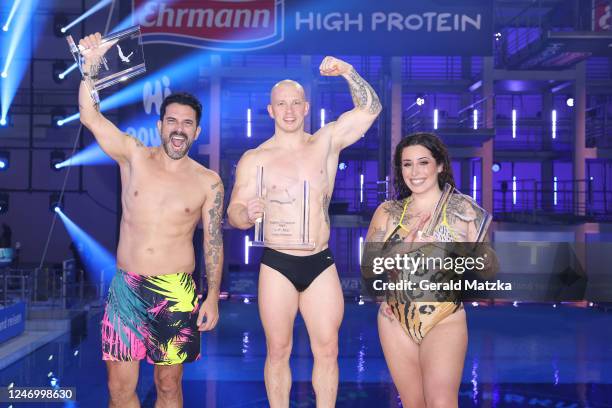 Marc Terenzi, Fabian Hambüchen and Jolina Mennen attend the "RTL Turmspringen" live show at Europasportpark on February 10, 2023 in Berlin, Germany.