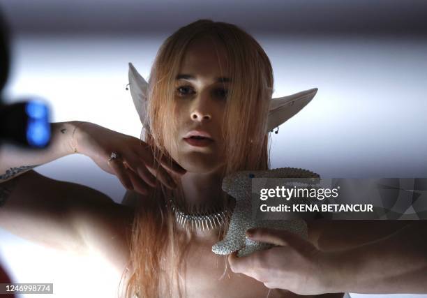 Model gets ready for the Collina Strada show during New York Fasion Week in New York on February 10, 2023. - New York Fashion Week kicks off February...