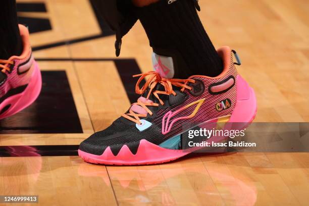 The sneakers worn by Jimmy Butler of the Miami Heat on February 10, 2023 at FTX Arena in Miami, Florida. NOTE TO USER: User expressly acknowledges...