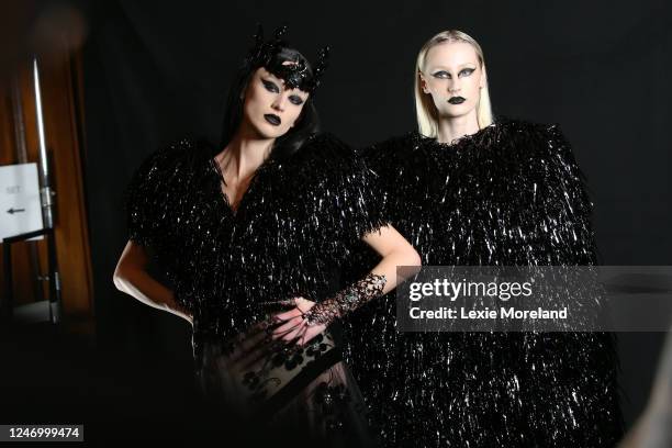 Models are seen backstage at Rodarte Fall 2023 Ready To Wear Runway Show at the Williamsburg Savings Bank on February 10, 2023 in Brooklyn, New York.