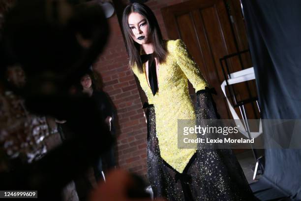Models are seen backstage at Rodarte Fall 2023 Ready To Wear Runway Show at the Williamsburg Savings Bank on February 10, 2023 in Brooklyn, New York.