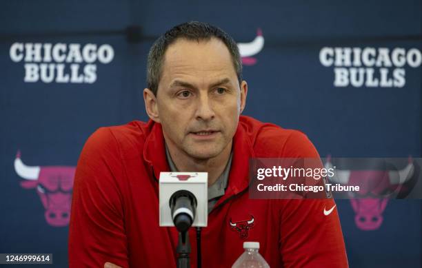 Arturas Karnisovas, Chicago Bulls executive vice president of basketball operations, speaks during a news conference at the Advocate Center on June...